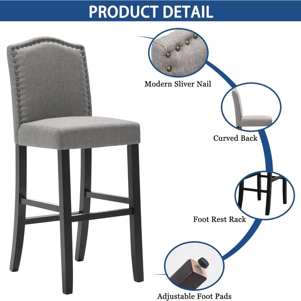 Conjunto de bancos de bar de 29 polegadas com cadeiras estofadas modernas em estrutura de madeira maciça para ilhas de cozinha com acabamento em cabeça de prego