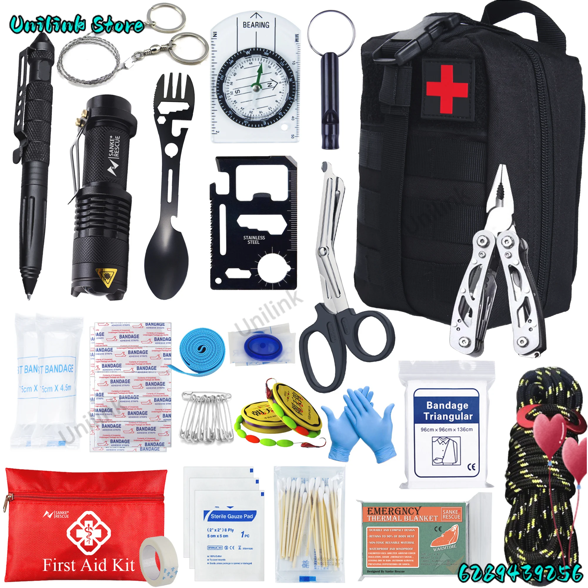 Botiquín de primeros auxilios de supervivencia, conjunto completo de supervivencia, equipo Molle para exteriores, kits de emergencia, bolsa para traumatismos, acampada, senderismo, aventuras