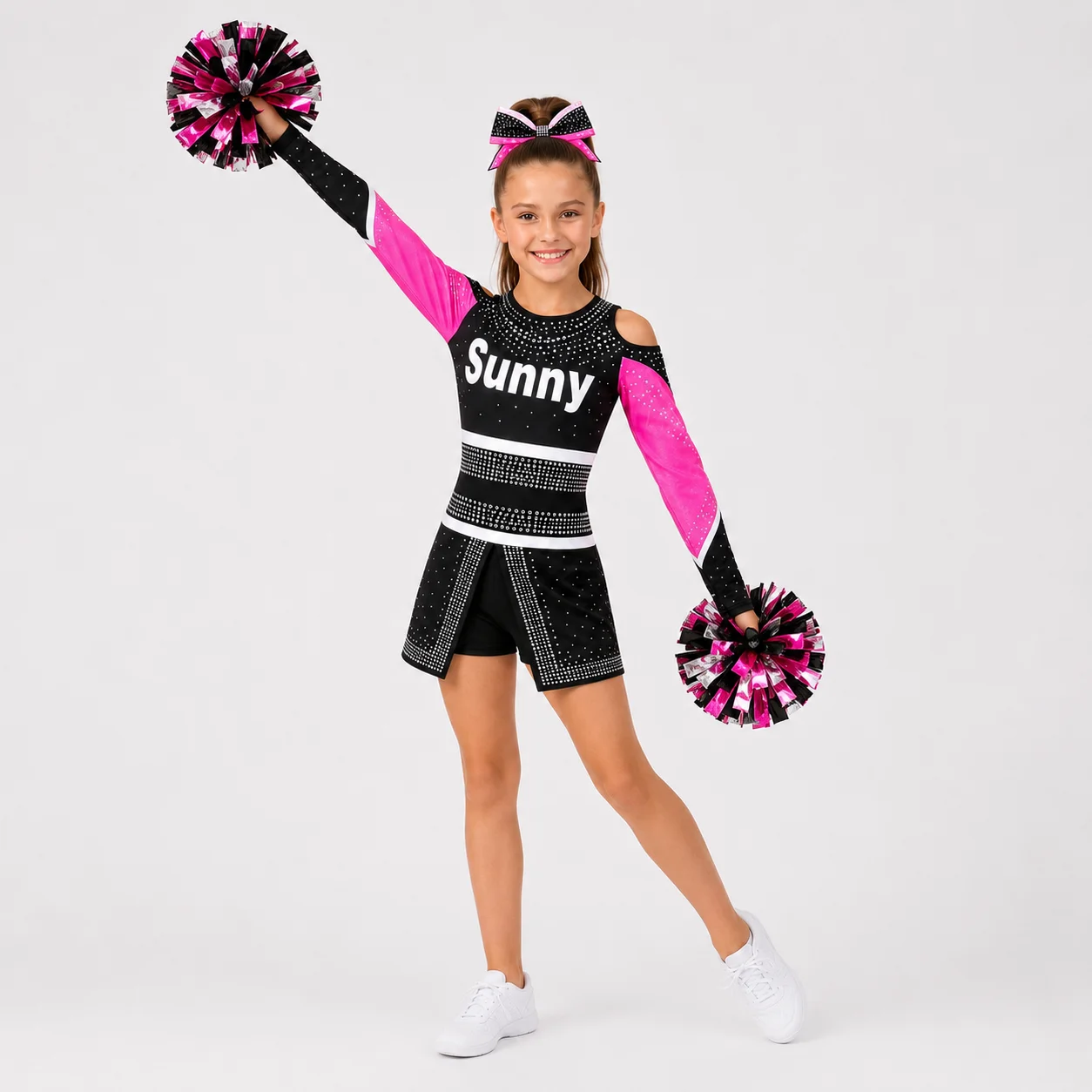Girls Black Pink Cheerleading Uniform Long Sleeve Rhinestone Cold Shoulder Top Skirt Kids Competition Performance Dancewear Sets