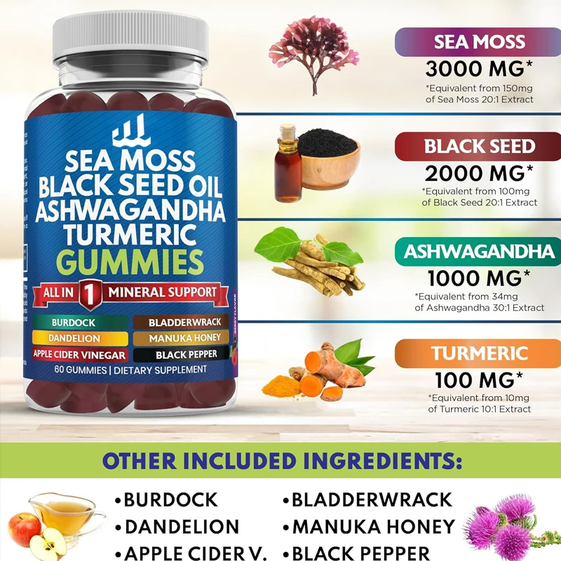 

Seaweed 3000mg contains colloidal gold, black seed oil, South African drunken eggplant, turmeric, bladderrack burdock-60 seeds