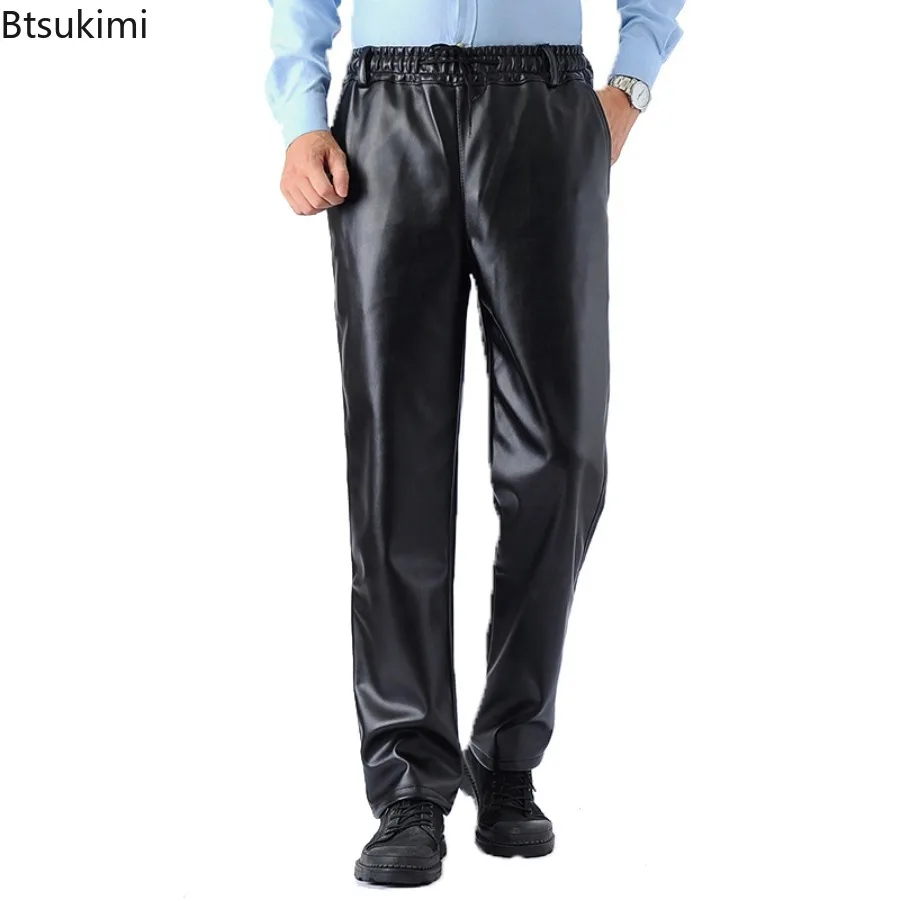 الخريف الشتاء الرجال رشاقته الصوف مبطن بنطال جلدي اليومية عادية الذكور بولي PU فو الجلود السراويل الرياح Poof الدافئة الرجال العمل السراويل