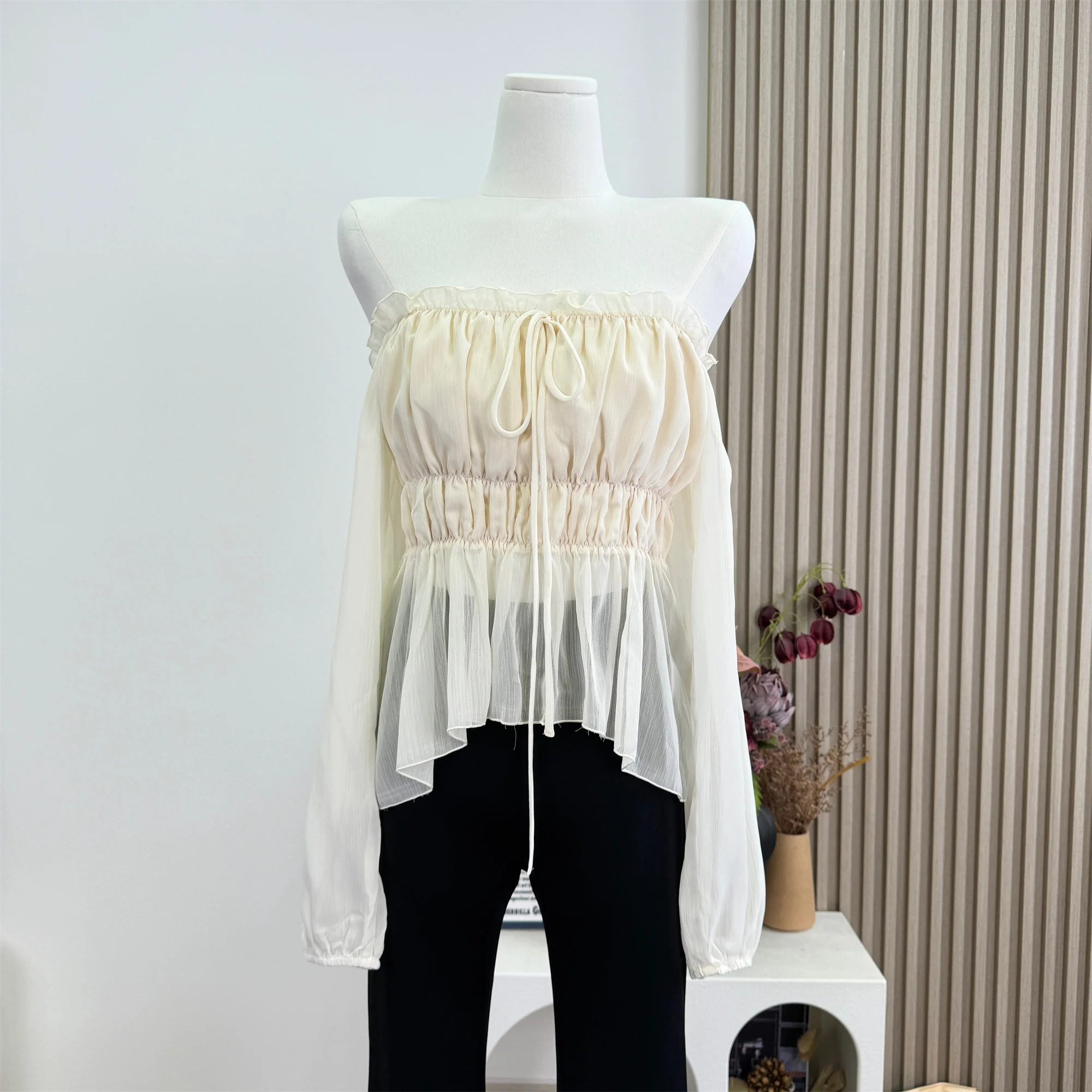 Women's Summer Elegant Long Sleeve Off Shoulder Slash Neck Blouse Lady Ruffled Pleated Chiffon Shirt