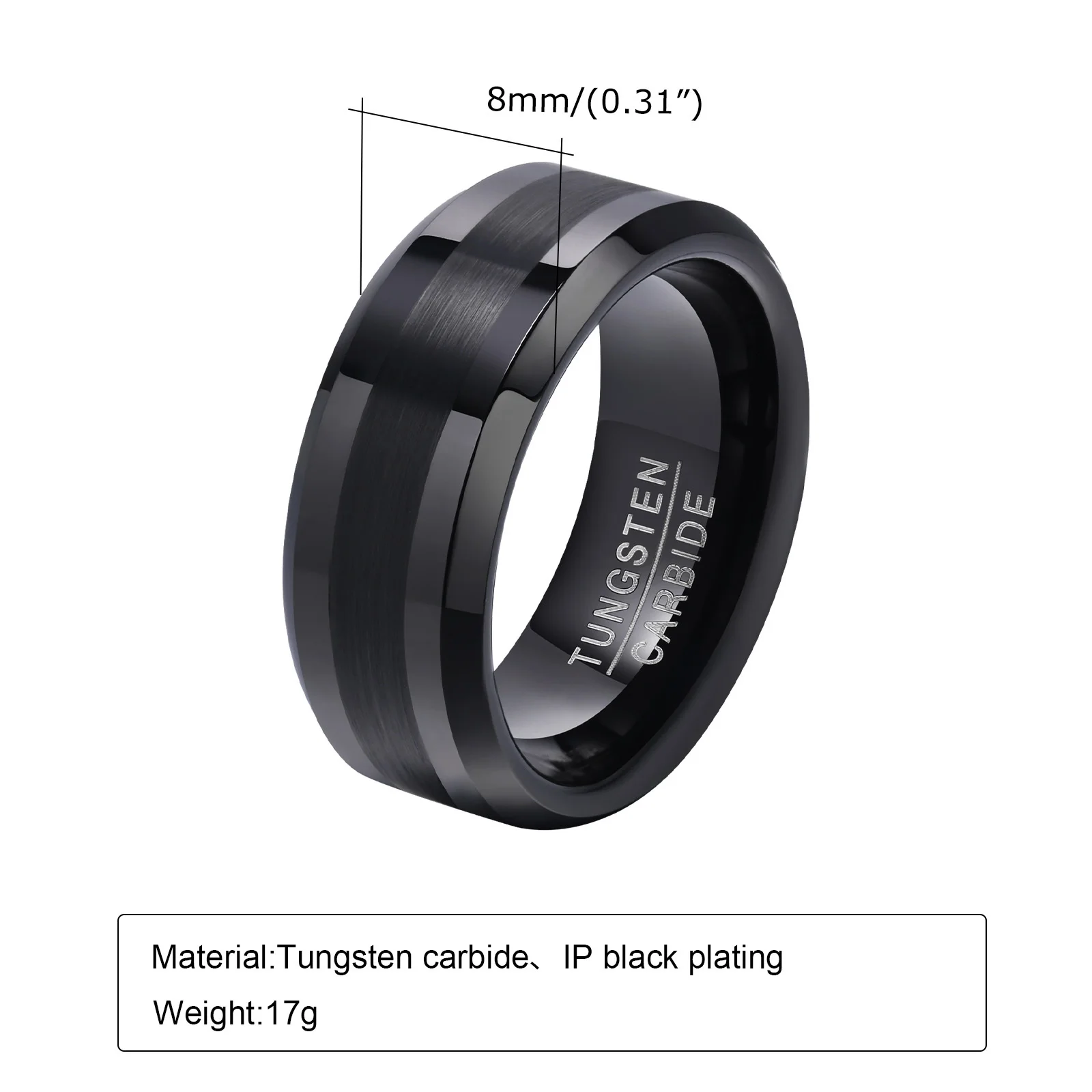 Vnox 8mm Tungsten Wedding Band for Men, Anti Scratch Metal Ring, Black Silver Color Simple Plain Male Wedding Rings