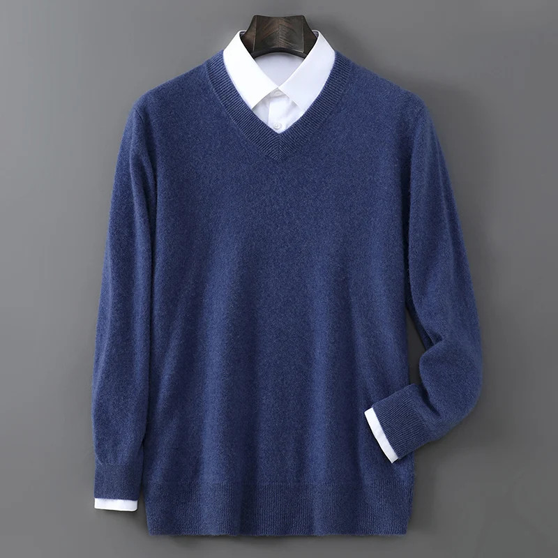 2025 Autumn Winter New Men's Wool Sweater Solid Color V-Neck Pullover Sweater Casual Loose Business Knit Plus Size Base Sweaters - Image 2