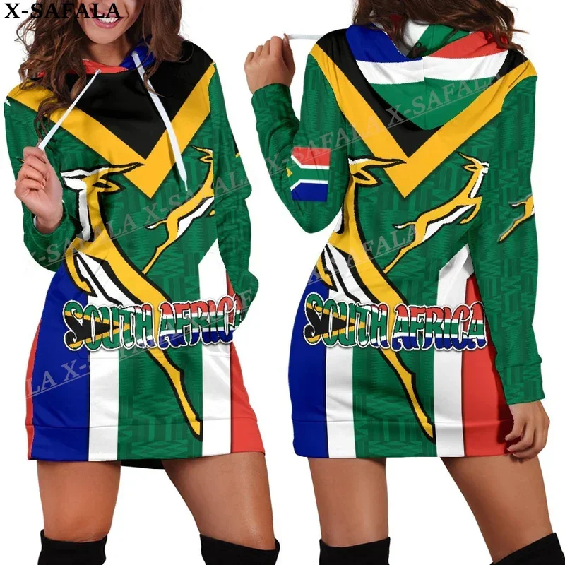 South Africa Country Flag Springboks 3D Printed Autumn Hoodies Dress Women Casual Wear Long Sleeve Hooded Dress-2