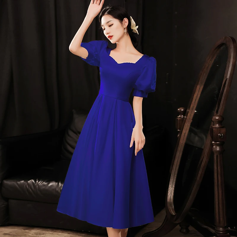 

Синее вечернее платье класса люкс для женщин: элегантное, повседневное, модное, корейский стиль, короткое.