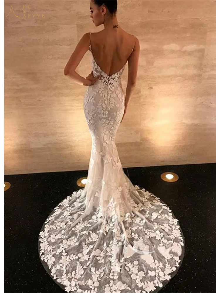 FL & AEVVE فساتين زفاف بأشرطة سباغيتي دانتيل مخصصة فستان زفاف حورية البحر مزين بفساتين العروس على الشاطئ Vestido De Noiva