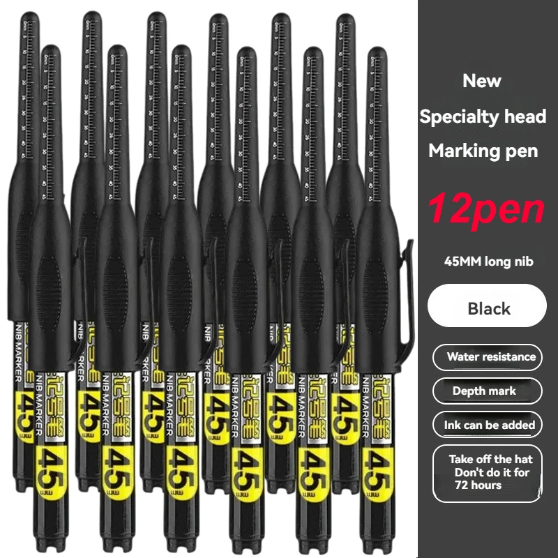 12Pcs Multi-Purpose 45mm Deep Drill Hole Long Nib Waterproof Marker Pens for Bathroom Woodworking Long Head Carpenter Pen White