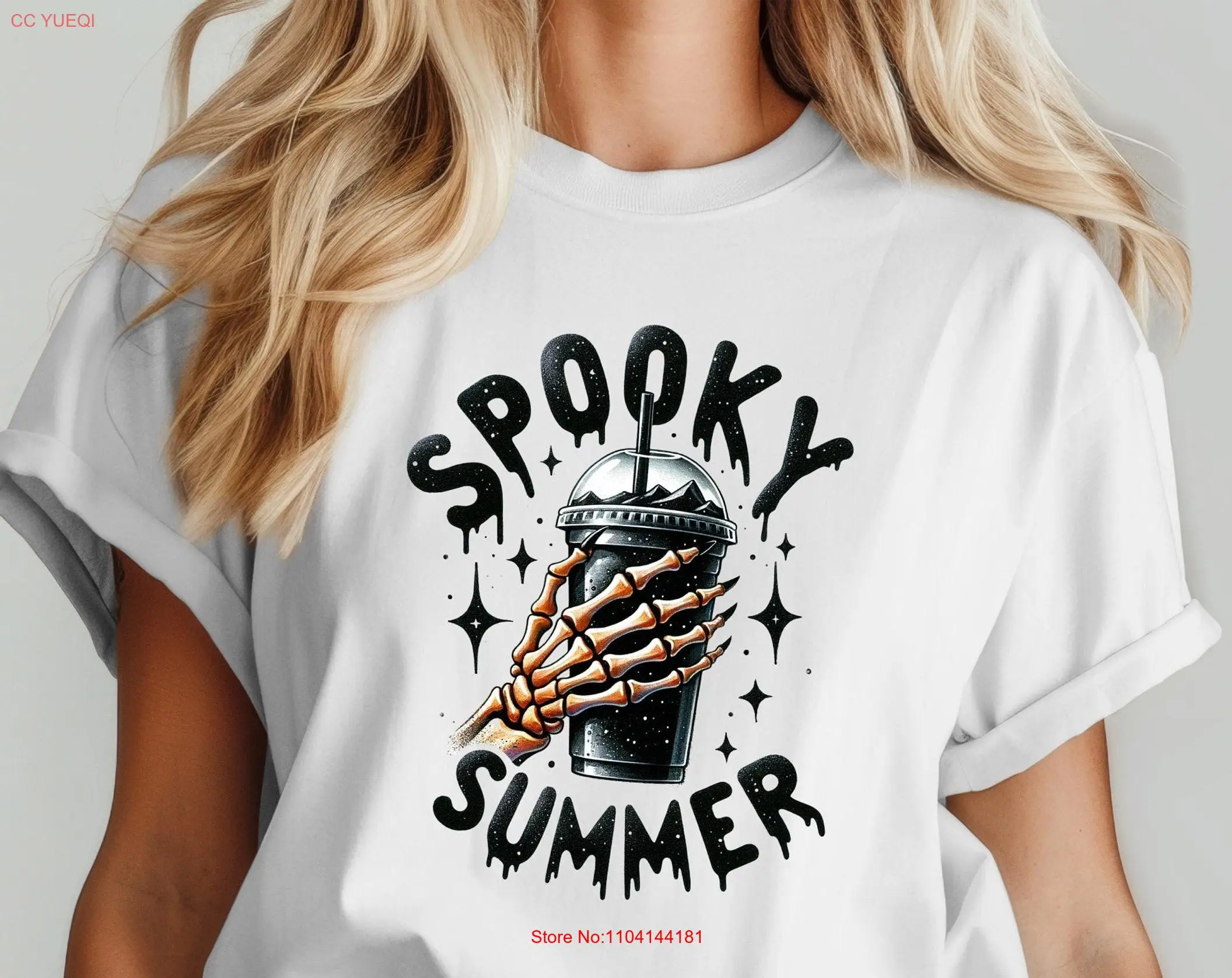 Spooky Summer T Shirt for Friends Vibes Season Iced Coffee Milkshake Skeleton Hand long or short sleeves