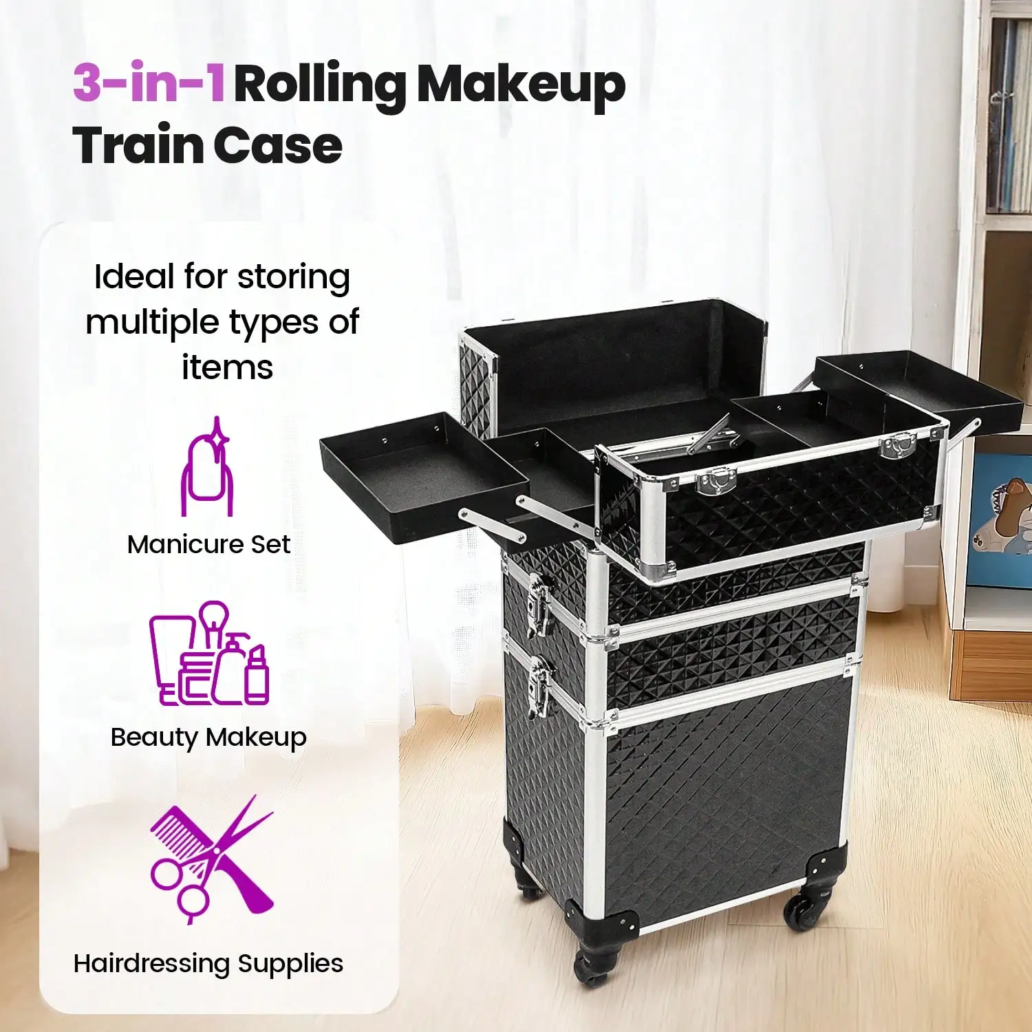 3 In 1 Rolling Makeup Train Case, Vintage Black Professional Cosmetic Trolley with Large Storage, Lock & Swivel Wheels, Portable Salon Cart for Makeup Artists, Hairstylists & Nail Tech, Travel & Vanity Essential for Women view 3