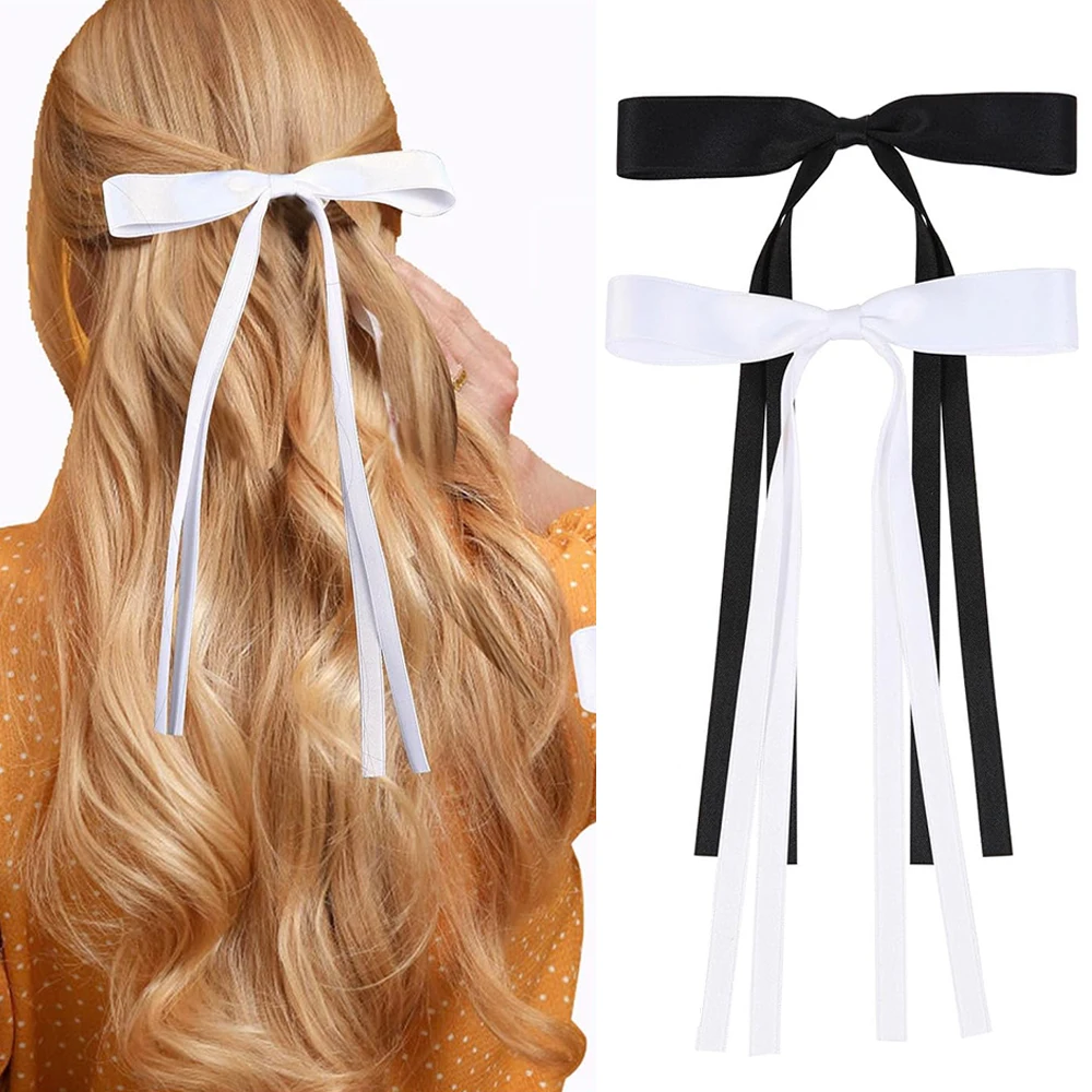 Hair Bows for Girls Ribbons White/Black Bow Girls Ribbon Hair Accessories Simple Solid Satin Duckbill Clip Hair Pin for Woman