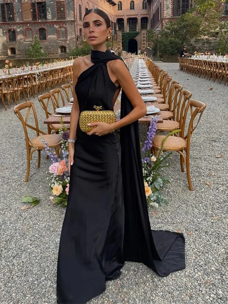 Damska sukienka bodycon bez pleców, z odkrytymi ramionami, długa, seksowna, satynowa, z wstążką, bez rękawów, nowa, elegancka sukienka letnia na przyjęcie.