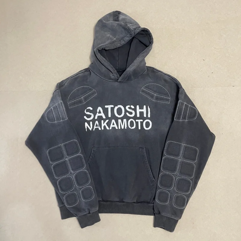 Men Vintage Washed Hoodie Satoshi Nakamoto Letter Print Stitch Detail Loose Sweatshirt
