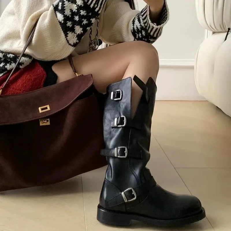 Washed Leather Boots Long Tube Autumn Winter New Style Buckle High Tube Long Women's Shoes Round Toe Low Heel Thick Sole