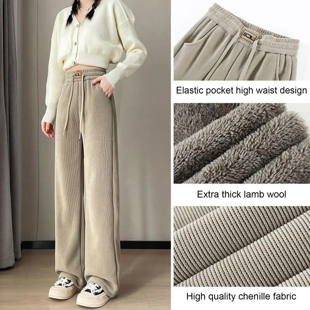 Long Pants Cozy Fleece Lined Corduroy Pants for Women High Waist Wide Leg Trousers in Solid Colors Warm Winter Fashion Choice