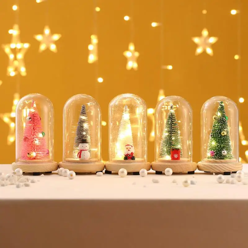 

Christmas Gift Wooden Glass Cover Luminous Mini Christmas Tree Desktop Crafts Creative Small Ornaments Natale Garden Decoration