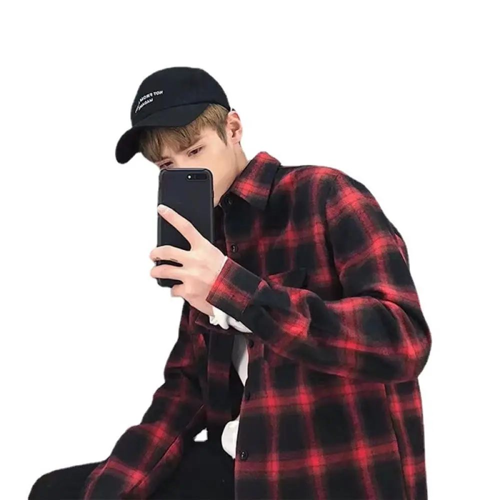 Mens Retro Plaid Shirt Long Sleeve Oversized Japanese Style Casual Streetwear Button Down Fashion Tops For Autumn Outfits