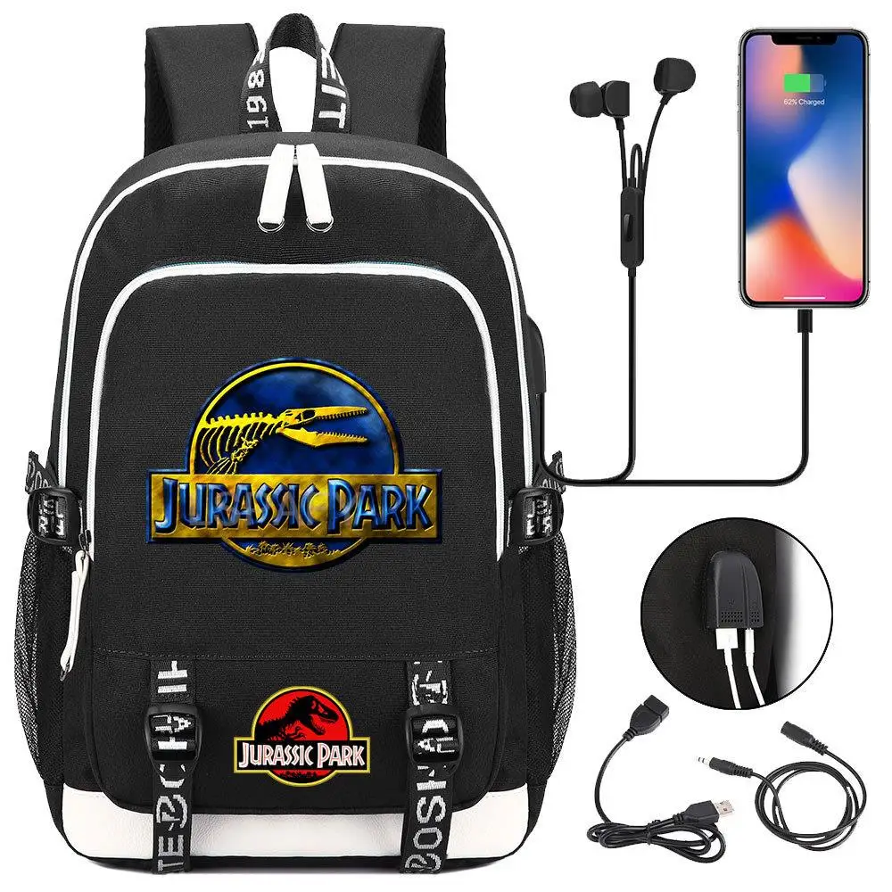 Jurassic World Plecak USB do ładowania Wodoodporny plecak Akademia Torby szkolne Komputerowe plecaki podróżne 18-calowy laptop Mochilas