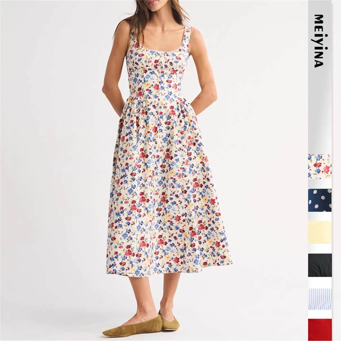 

Elegant 2026 Cross-Border Women's Slim Fit Maxi Dress with Print Splicing Long Sleeve round Neck Citywalk A-Line Skirt