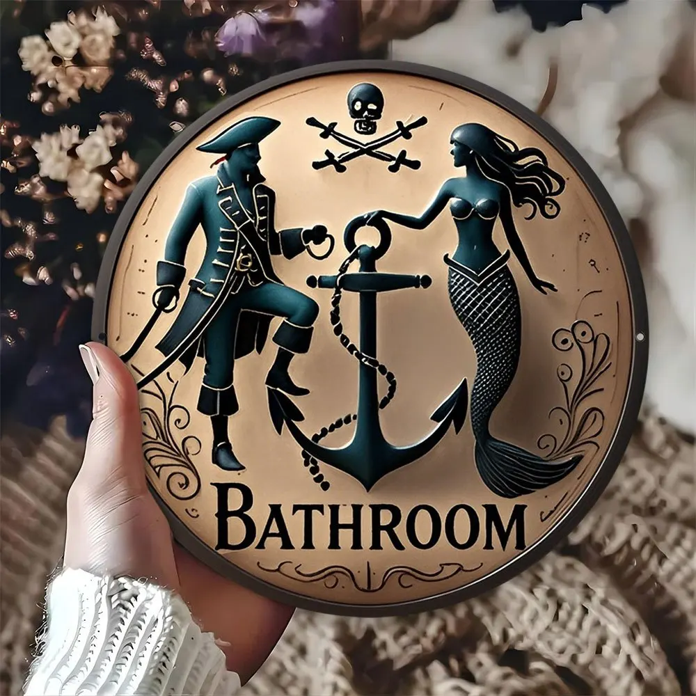 A Vintage Aluminum Sign with a Nautical Theme, Showcasing Pirates And Mermaids, Is Ideal for Decorating a Room. This Round Wall