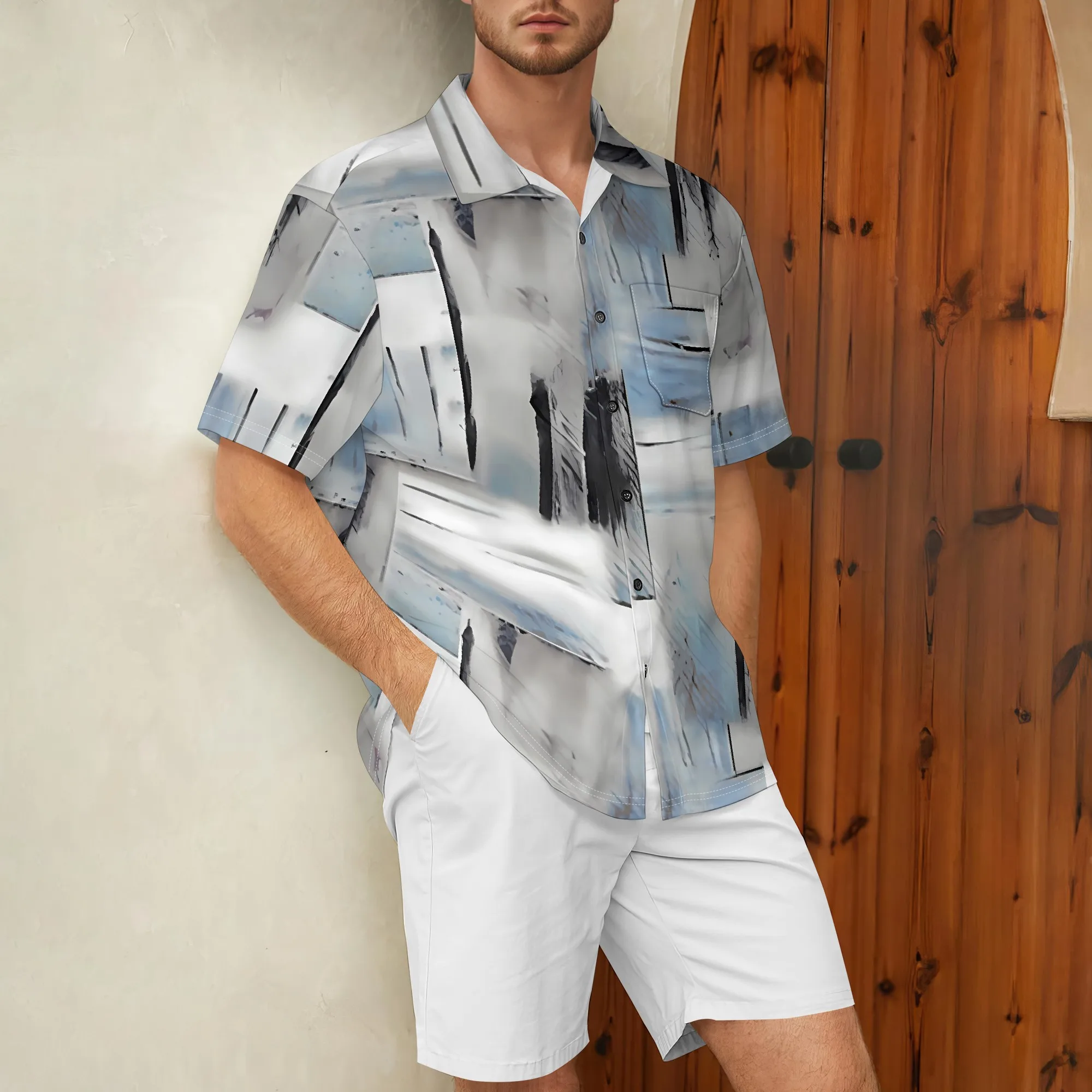 YEAE Ink Wash Print Shirt for Men Summer Casual Short Sleeve Top