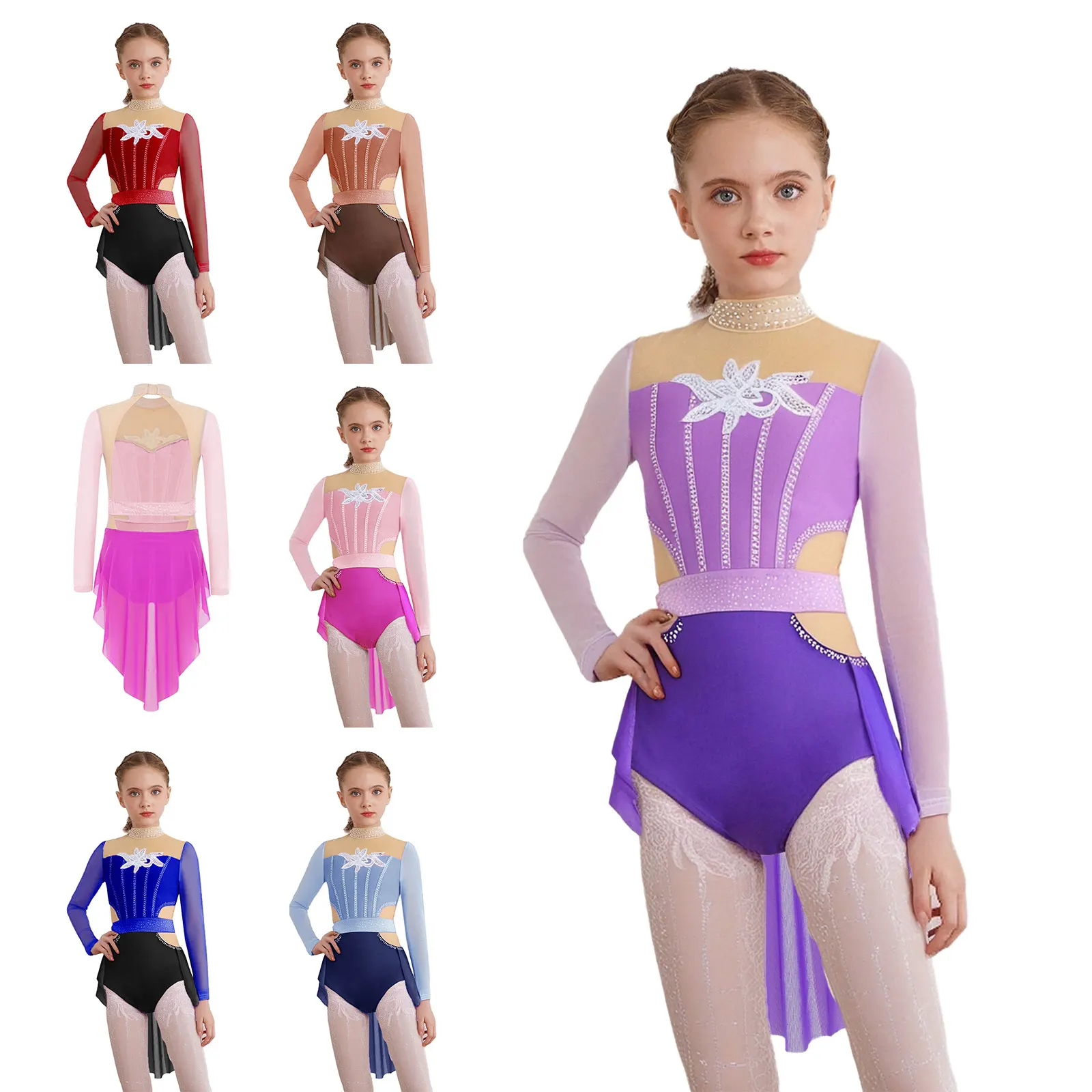 Maglia da balletto per ginnastica per ragazze Costume da ballo moderno per pattinaggio lirico Collo a lupetto Manica lunga Strass lucidi Body con gonna in rete