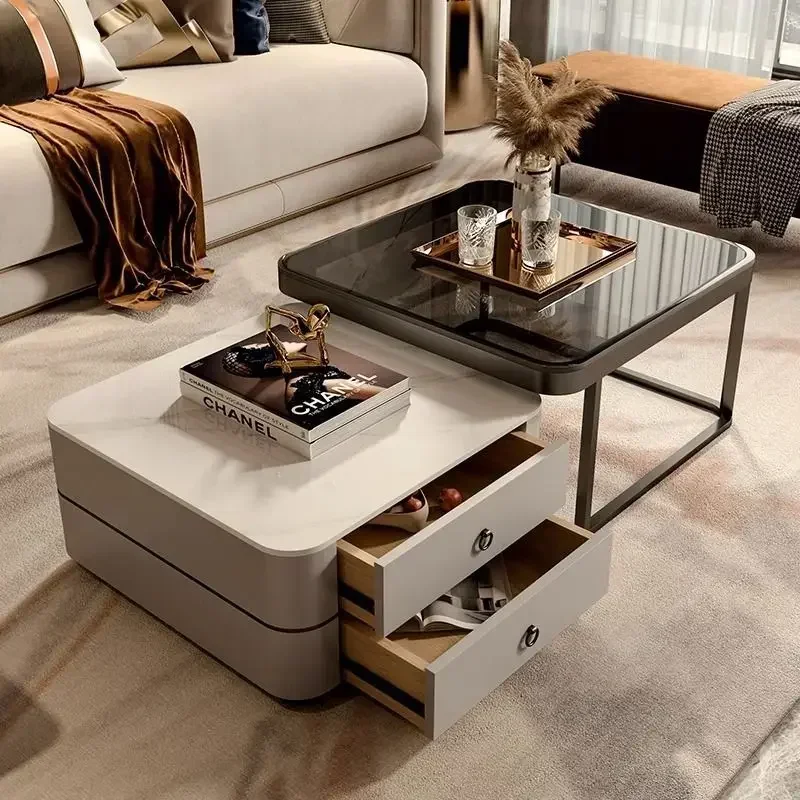 Light and luxurious coffee table, modern and simple living room, small household, rock panel glass, double layer square coffee