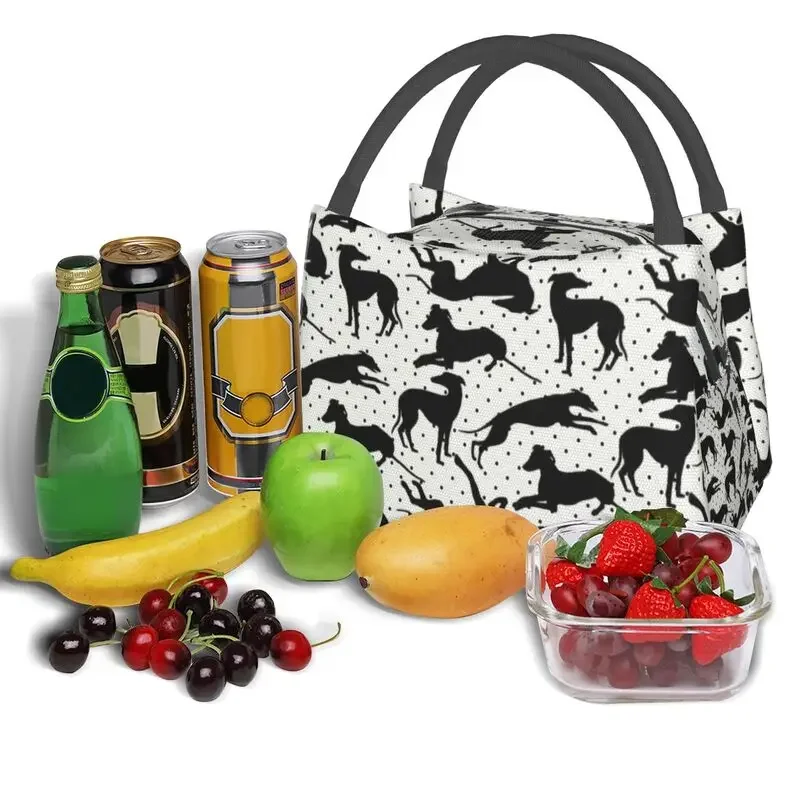 Cute Black Greyhounds Thermal Insulated Lunch Bags Women Whippet Dog Portable Lunch Tote for Outdoor Picnic Meal Food Box