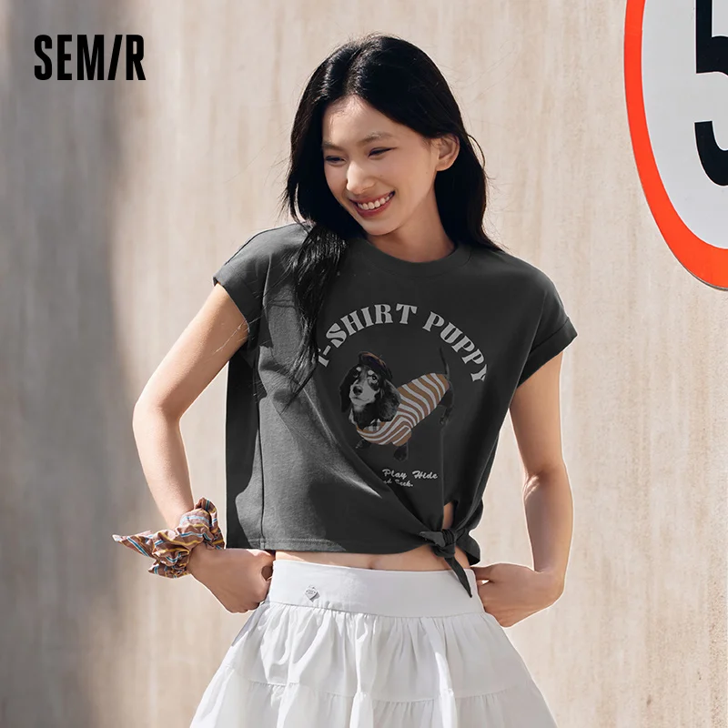 Semir Women Drop Shoulder T-Shirt Loose Tie Detail Cartoon Dog Print 2025 Summer Unique Style