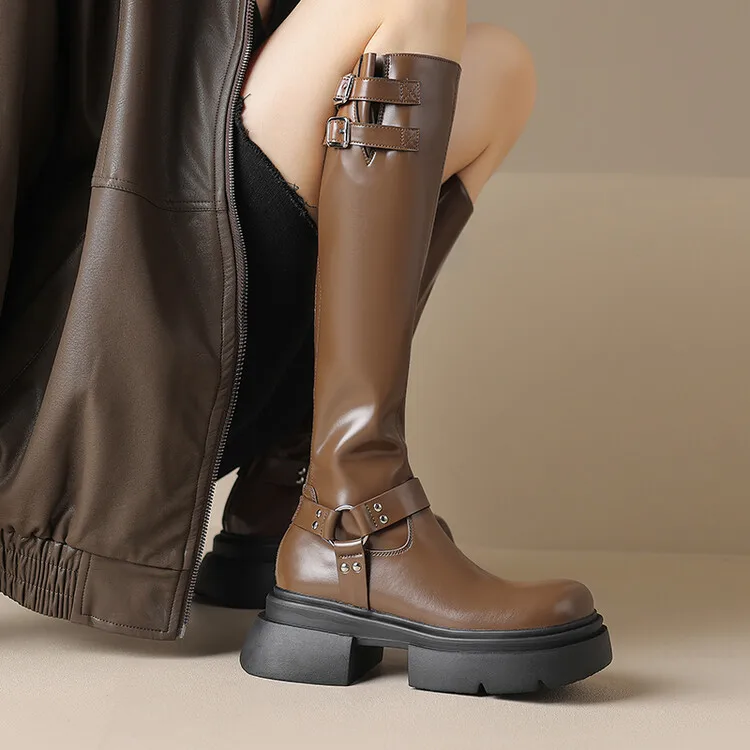 Botas vaqueras occidentales de cuero con hebilla de cinturón de Metal de estilo Punk para mujer, botas Retro de cabeza redonda, tacón cuadrado, cremallera, Sexy, hasta la rodilla