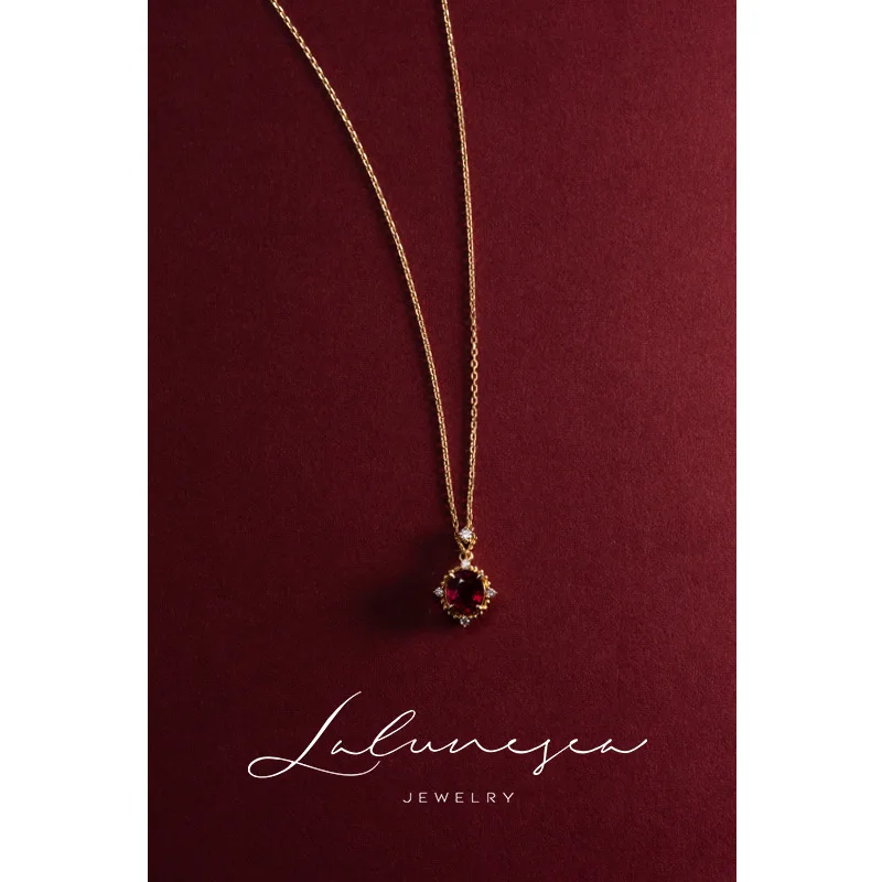 

S925 Sterling Silver 18K Gold-Plated Necklace - Ruby & Pomegranate Red Zircon Pendant, Retro Minimalist Versatile Style