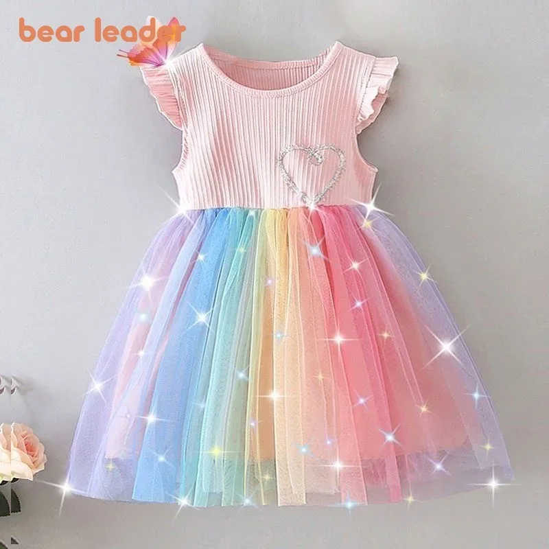 Bear Leader Flying Sleeve Girls Colorful Dress Summer Kids Rainbow Mesh Party Dresses Children Clothing Vestidos Outfits