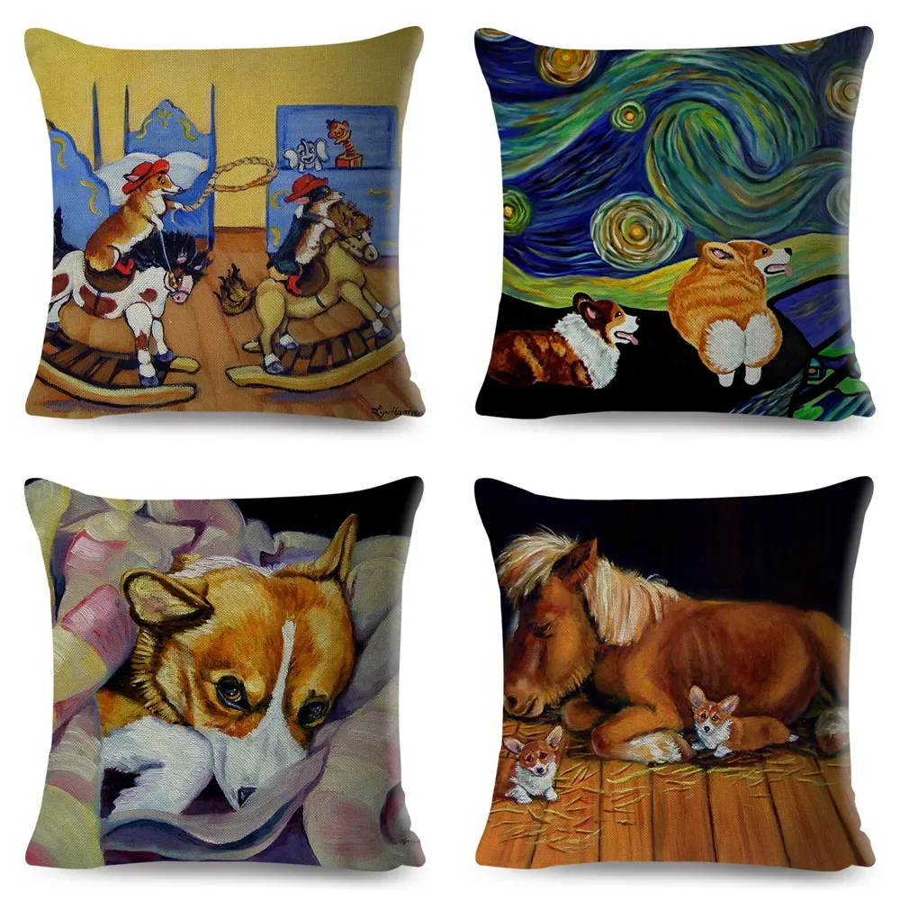 

Oil Painting Cartoon Pet Dog Cushion Cover Decor Welsh Corgi Pembroke Pillowcase Polyester Pillow Case for Sofa Children Room