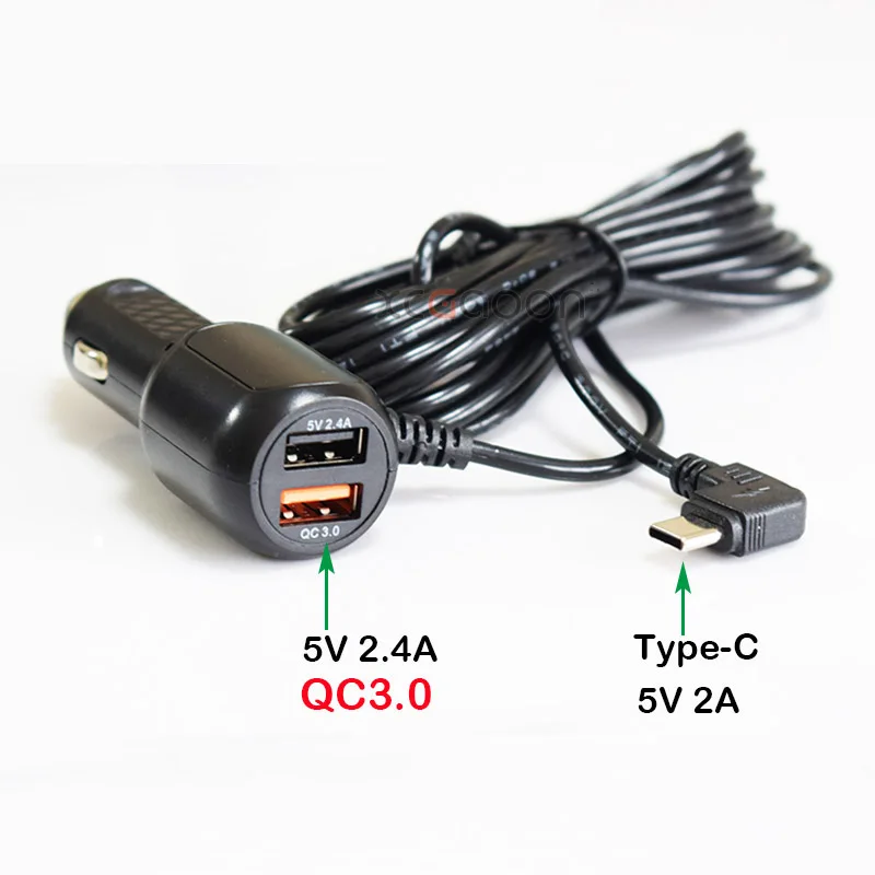 5V 2A Type-C USB QC3.0 Snelle Autolader met Type-C Laadpoort voor Auto Dashcam, Mobiele Telefoon, Camera, DVR, Kabel 3,5 Meter