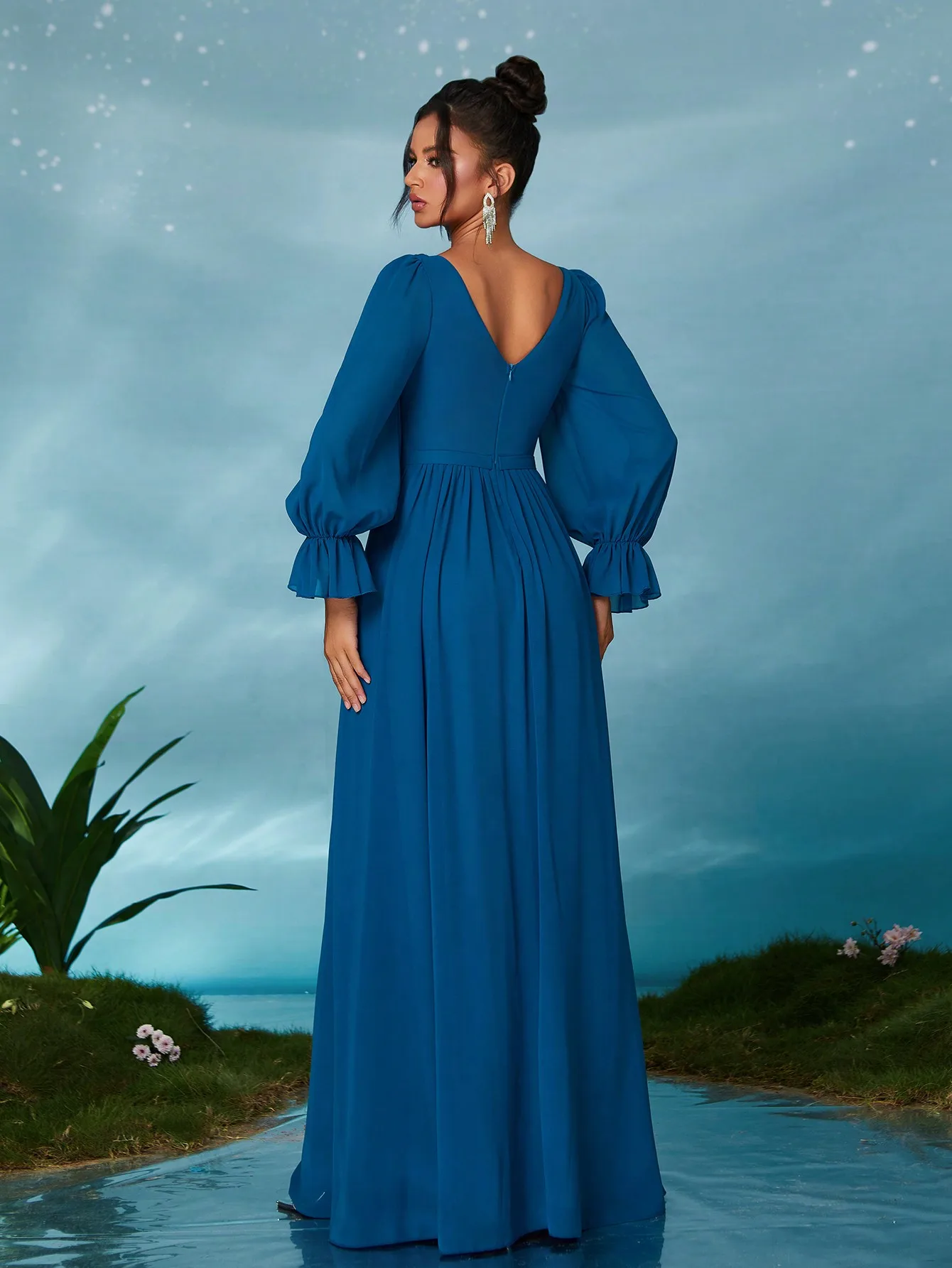 فستان سهرة راقي برقبة دائرية وحواف زهرة مطرزة وشيفون لؤلؤي وصدر ملفوف وأكمام متدفقة #2