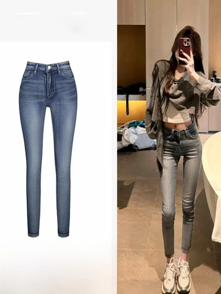 

High Waist Slim Fit Blue Elasticity Vintage Pencil Jeans Stylish Versatile Women's Denim Jeans High Quality Cotton Fabric