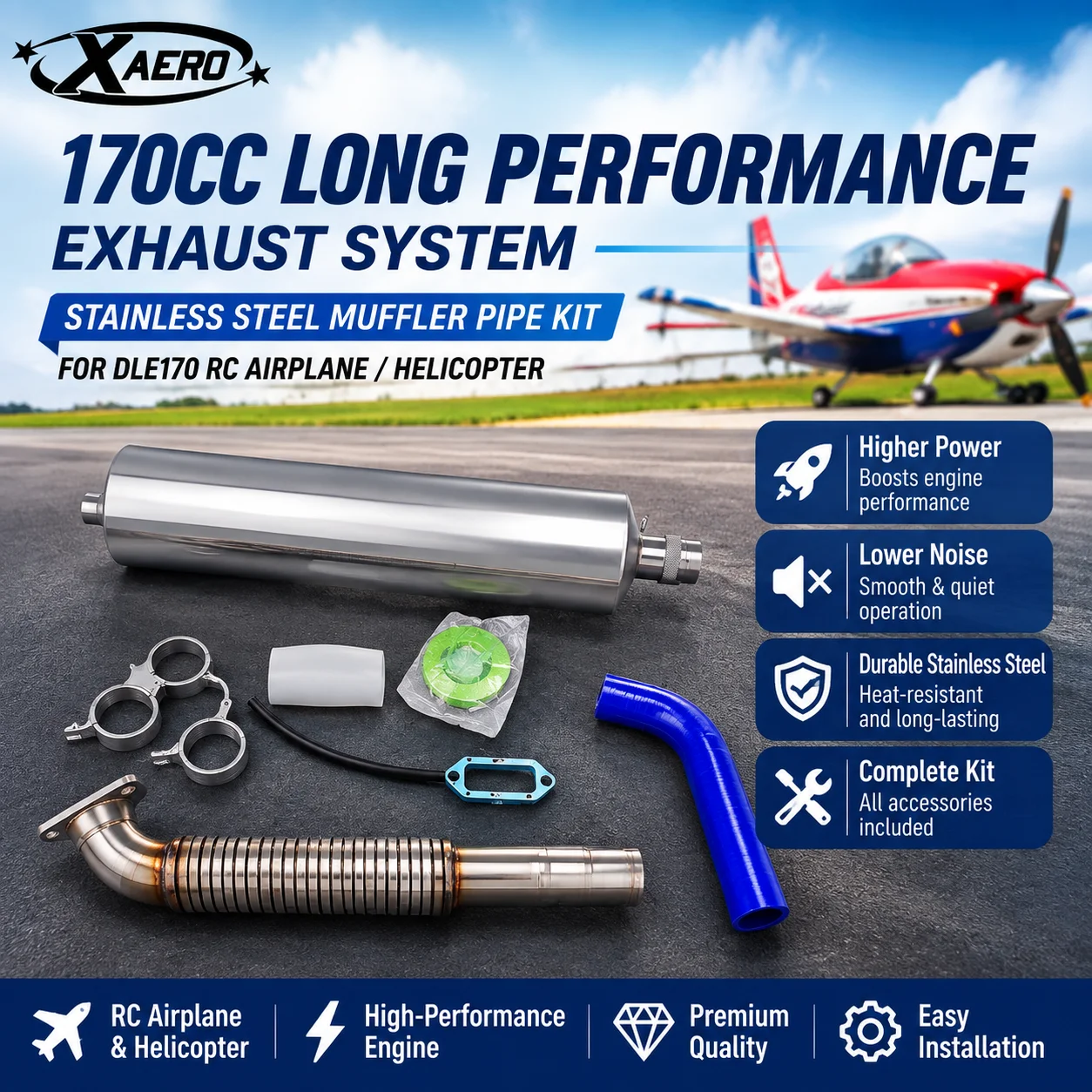 Original 170cc Long Performance Exhaust System with Accessories Stainless Steel Muffler Pipe for DLE170 RC Airplane Helicopter