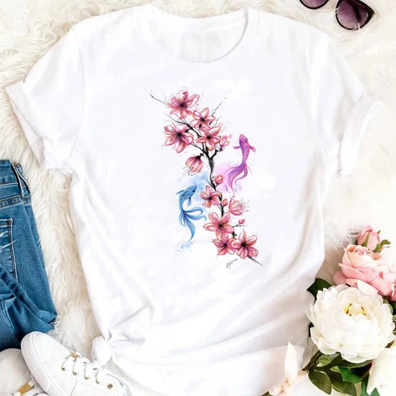 New Sakura Plum Cute T-shirt Women's Summer New White Casual Short Sleeve Graphic Harajuku Streewear Tops Graphic Fashion Tee