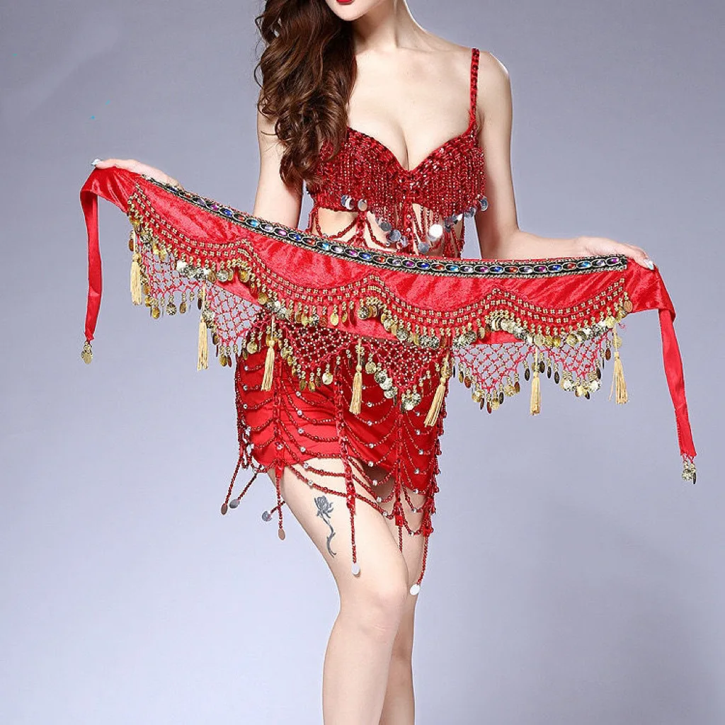 Costume di danza del ventre Catena in vita Moneta Nappa Catena in vita Sciarpa sui fianchi Pratica in costume da ballo Sciarpa in vita a forma d'onda Danza indiana