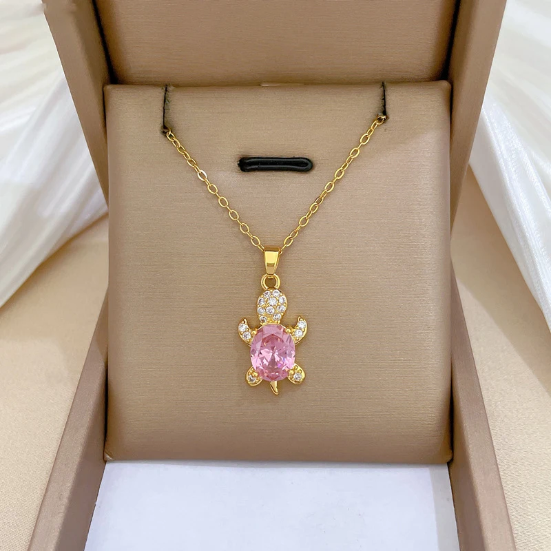 DIEYURO 316L Stainless Steel Pink Sweet Cute Animal Crystal Tortoise Necklace Earring Set Girl New Trend Non-fading Jewelry Gift