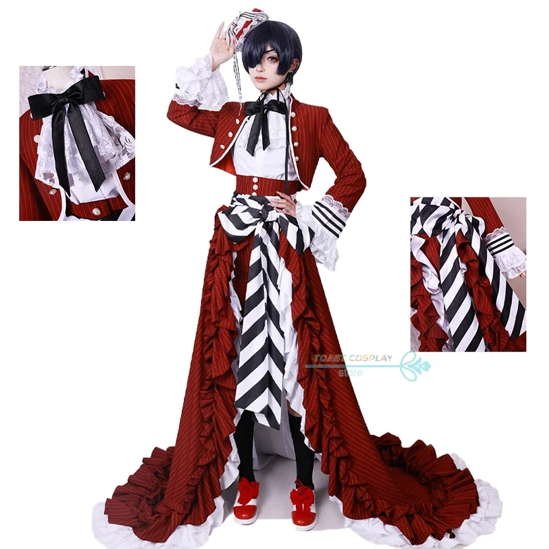 

Ciel Black Tea Cup Cosplay Costume Butler Victorian-style Gown Red Gothic Lolita Long Dress Set Wig Halloween Party Costume