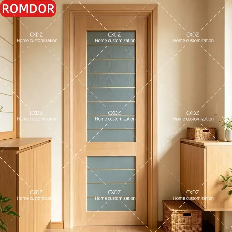 Japanese Style Home Interior Door Set with Gold Decorative Strips Flat Glass Lacquered Log Colored Wooden Door for Kitchen