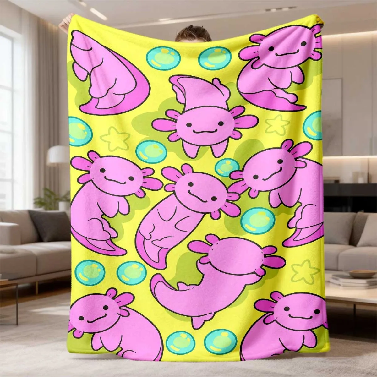 Kawaii Axolotl Pattern Flannel Blanket Lightweight Warm Plush Throw Blanket Lovely Cartoon Salamander with Bubbles Decor Blanket