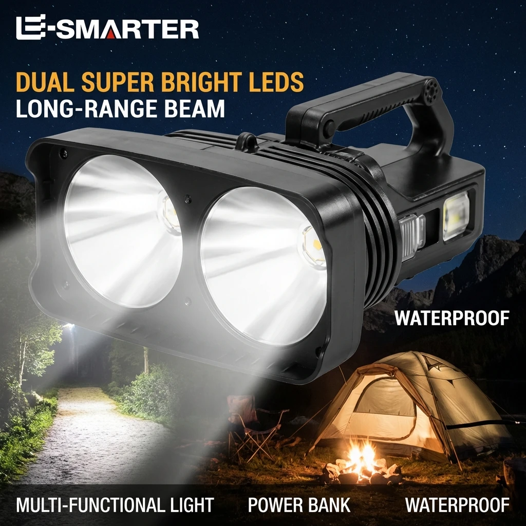 

Портативный фонарь с двумя головками, светодиодный ручной прожектор 2*XHP50, высокая яркость, уличный дальнобойный прожектор, лампа для кемпинга W5123