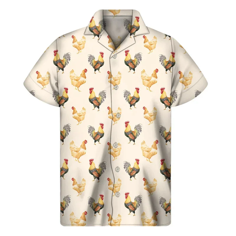 Cartoon Rooster Pattern Shirt For Men Animal 3D Print Hawaiian Shirts Summer Button Short Sleeve Tops Street Lapel Aloha Blouse