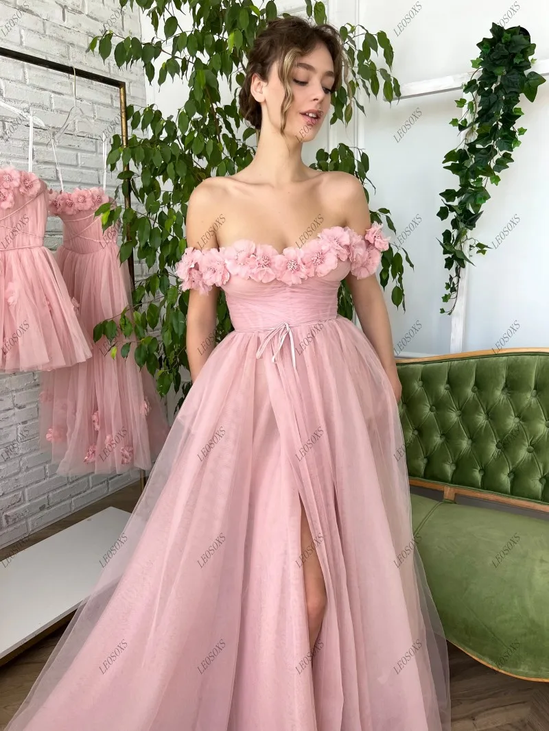 Fairy Pink 3D Flowers Tulle Prom Party Dress Floor Length Off the Shoulder Split Sweetheart A Line Pleats Formal Evening Gowns