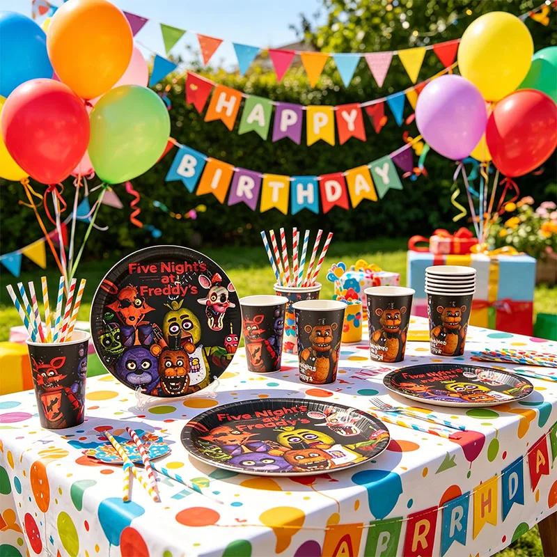 Decoración de Fiesta de Cumpleaños FNAF Five Nights at Freddy's, Juego de Platos, Vasos y Artículos de Mesa Desechables