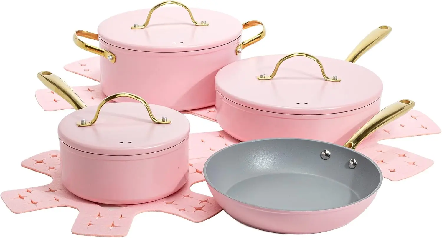 Iconic Nonstick Pots and Pans Set, Multi-layer Nonstick Coating, Matching Lids With Gold Handles