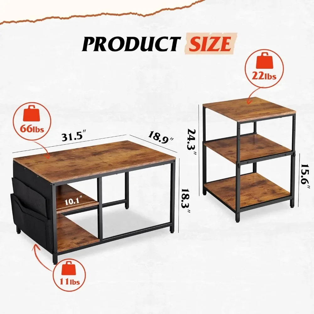 Coffee Table for Living Room,Adjustables Coffee Table Set of 2 with End Tables,Small Industrial Coffee Tables with Side Table