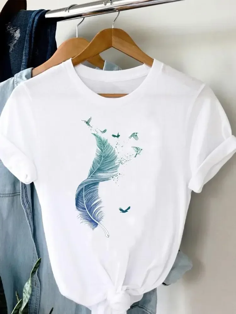 

Tee Women T-shirt Summer Short Sleeve Print Clothes Graphic T Shirt Feather Painting Bird Clothing Fashion Female Top